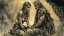 Hyper-photorealistic watercolor art style by Luis Royo, A dark cave lit only by oil lamps, a stone altar, animal skins, a young man and a girl, hyperdetailed face, full body diagonal shot, encounters male bandits in dark fantasy countryside setting, absence of mysterious elements, dramatic lighting, ultrafine detail, octane rendering., darkness world