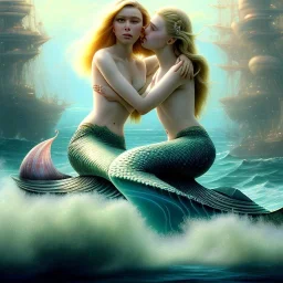 A beautiful portrait of a fusion of Scarlett Johansson and Elle fanning as a mermaid , leaning on a ships deck ,Rough sea in the background, a shark,snails, seashells (digitall art by Eugene de Blaas and Ross Tran, vibrant color scheme, highly detailed, in the style of romanticism, cinematic, artstation best quality, realistic lighting, masterpiece portrait, details light dusting , cowboy shot from above, simple chain hauberk Vector art digital illustration 3D shading )