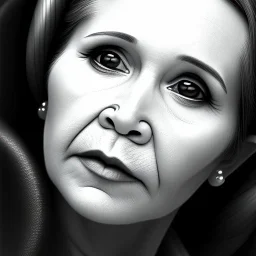 analog style, Beautiful photorealistic black and white close up face of carrie fisher, soft light, soft ethereal skin, rim lighting, sharp eyes, dark plain background