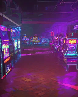 A dark photo of the corners of an 80's aesthetics arcade at night, with a lot of functioning arcade machines, a vaporwave floor and some colorful tiles in between the floor. Purple aesthetics. There are some pizza boxes over some of the arcade machines. The wall has a ticket shop who sells plushies, food and laser tag guns