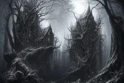  Wednesday Adams, black and white, one tall narrow scary house , pointy roof, cursed trees , dense dark forest, forest background, spiders, bats, bones, Escher style