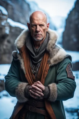 close up portrait of psionic bruce willis ancient half elf half orc shaman thief in inviting pose on ice stone bridge wearing winter jacket, book cover