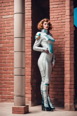 woman in retro futurism costuming standing and leaning against a brick pillar