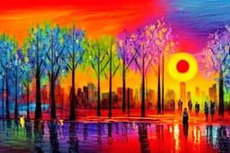 City, sunset, trees, retrowave influence, impressionism painting