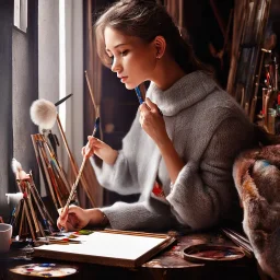 Close up of Beautiful female artist painting a self portrait in her attic studio, dramatic light, shadows