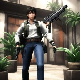 the jump with one gun in each hand iconic scene by John Woo (A Better Tomorrow, The Killer, Hard-Boiled) anime, DOA5LR by_Xnalara_Fanatic, Doppie_Nike_by_xDLGx (edited), Memento_Mori_Hotel_Room_by_Jhonny_Hebbert, House_Plants_by_Rondoe, SDTV_Touch_Remote_v2_by_Decan-Andersen