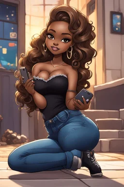 Create a urban culture art of a black chibi curvy female sitting on the floor looking at her cell phone. She is wearing tight blue jeans and a black off the shoulder blouse. Prominent make up with lush lashes. Highly detailed wavy ombre blonde and brown long hair. She is also wearing silver large hoop earrings