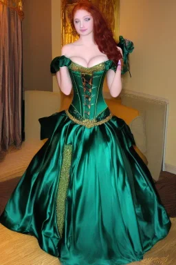 Busty princess full body with long auburn hair green eyes wearing a big dark teal green and gold satin ballgown corset off shoulder top at night