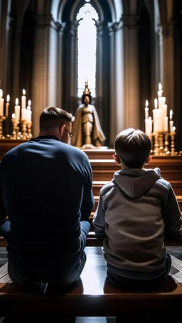 a rear view of a man and his son sitting on a bench prying in the church facing a statue of Jesus on the cross and candles, show the man in the middle and from the back of the picture