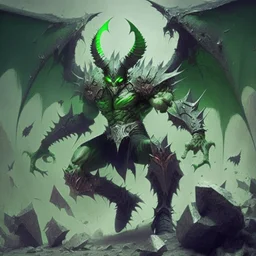 demoniode armadura verde con negroy alas lanzando una roca enorme