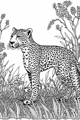 Outline art, cheetah standing in the bush, full body, cartoon style, black and white, low detail, no shading, --ar 9:11