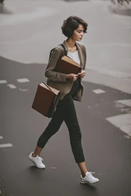 color photo of a student girl 22 years old ,short hair with her books in her hand walking in street,next to trees.