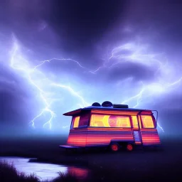 An old caravan at the bottom of an streaming river, lots of clouds within neon lights, thunder