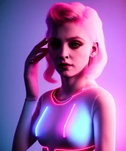 Artist, young madonna, android woman, sweet, blonde, white skin, long eyeliner, contour make-up, color leds lights, short hair, circuits, cyberpunk, latex coat, feather, cyber punk, neon, cables, blood, portrait, studio photo, unreal engine 5, soft color, 16 bit, god lights, ray tracing, RTX, lumen lighting, ultra deatail, volumetric lighting, 3d, finely drawn, hd.