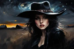 Petite Cute Brunette Woman 35 With An Under Bite And Pale Skin Sexy, With dark Eye Shadow, Long Lashes, cowboy hat, black jacket, in the country on a starry night :: dark mysterious esoteric atmosphere :: digital matt painting with rough paint strokes by Jeremy Mann + Carne Griffiths + Leonid Afremov, black canvas, dramatic shading, detailed face