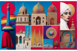 Design a mood board titled "The Future of LGBTQ+ Community in French and Iranian Cultures through a Surreal Lens." Combine elements from both cultures (Parisian architecture, Persian art, Qajar era symbols) with LGBTQ+ themes of identity and freedom. Use surrealist styles like floating objects and dreamlike visuals. The color palette should mix rich Persian hues (red, blue, gold) with vibrant modern shades (pink, purple, neon). The mood should be bold, visionary, and thought-provoking, merging p