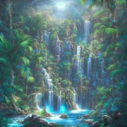 turquoise neon waterfall with palm trees sparkling at night in a cave detailed realistic glowing