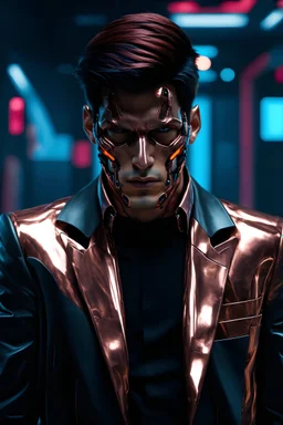 attractive male teenager with copper metal skin and visible cybernetic enhancements wearing a suit jacket in a cyberpunk setting