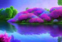 monde en fleurs, blue lake, flower tree-houses, concept art, crépuscule , fuksia bleu oranger, vibrant Color, réaliste, riviere bleu, tree-house bougainvillier, roses