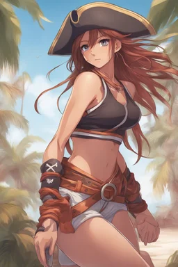 anime-style hyperrealism, Dazzling, Complex, dramatic, bold, attractive pirate woman, perfect, Athletic, toned body with tanned skin, perfectly formed body, wearing sports top and gym shorts, extremely detailed