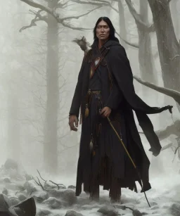 shaman, male native american, long black hair, black hooded coat like wings, 8k resolution concept art portrait by Greg Rutkowski