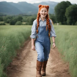 Pippi Longstocking with her iconic long braids, the adult version, in Santiago boots. Always having fun, that's the key. The iconic redhead is wearing a pair of blue gingham short overalls, now a grown woman with tales of adventure in the fields. An untamed spirit, wild and free, she wanders with a mischievous glint in her eye. Her laughter echoed like music in the air, with her magnetic energy.