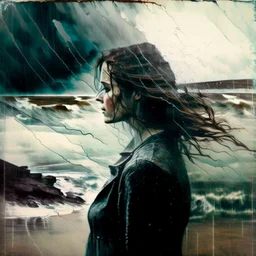 double exposure of A woman on the shore in stormy day, painting in style of John William Waterhouse