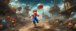 super mario running at the observer in a level detailing the creatures found on other worlds, retrofuturistic, phototrealism, Macabre Rapture End of days Revelation scene, isanely detailed matte oil painting, sinner apotheosis,diagonal composition, unbalanced, abstract surreal horror, eerie, scary warm a colorful splash of steampunk bubbles , amazing splashscreen artwork, photoshop water art, liquid painting, swirling paint colors, ink splash,