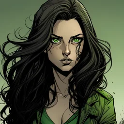 a comic style portrait, beautiful young woman with long black wavy hair, green eyes, post apocalypse