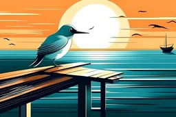 Create an illustration of a bird with a broken wing lying limp on the edge of the pier and looking at the view of the sea and sunset