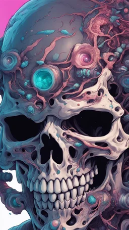a close up of a person with a skull on their head, anime skull portrait man, scary detailed art in color, hiroyuki-mitsume takahashi, nychos art aesthetic, half man half skeleton, anime cyberpunk art, colored manga art, rossdraws pastel vibrant, hot colors. insanely detailed, beautiful anime portrait, stunning anime face portrait, scary art in color