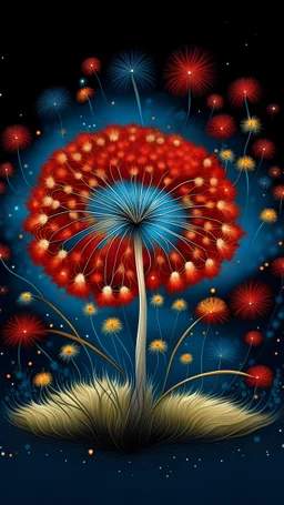 A whimsical and captivating illustration of a magical dandelion with a wish-blown seed head. The seeds range from a deep red to a fiery orange, gradually transitioning to a vibrant blue at the tips. The dandelion's center is adorned with intricate patterns and tiny details, creating a mesmerizing cluster of petals. The scene exudes a magical aura, as if fairies and sprites are dancing around the dandelion, celebrating the wishes being sent forth with the dispersed seeds.