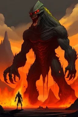 make and gigantic tall monster with lava and an vulcan in the background there goes on four legs