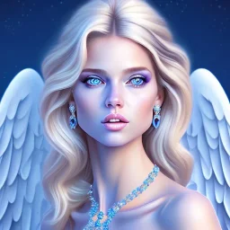 portrait of a beautiful woman with an angel face smiling,long blond hair, blue eyes, pink and blue dress, jewels, soft light aura