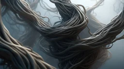 Multiple entanglements between a twisted thin piece of cloth as part of many twisted and spiraling branches disappearing into the distant mist, epic photo, sharp on highly detailed skin with wrinkles and high contrast, photorealistic, 4K, 3D, realism, hyperrealism, detail, good lighting, detailed texture, modern photography style, 3D, 4D, 4K --2:3