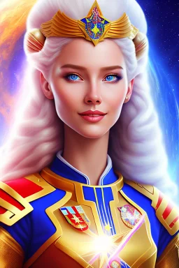 young cosmic woman admiral from the future, one fine whole face, large cosmic forehead, crystalline skin, expressive blue eyes, blue hair, smiling lips, very nice smile, costume pleiadian,rainbow ufo Beautiful tall woman pleiadian Galactic commander, ship, perfect datailed golden galactic suit, high rank, long blond hair, hand whit five perfect detailed finger, amazing big blue eyes, smilling mouth, high drfinition lips, cosmic happiness, bright colors, blue, pink, gold, jewels, realistic, real