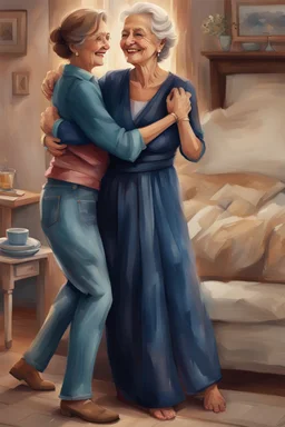 heartwarming cinematic illustration of a loving bond between a daughter and her elderly mother. The daughter, dressed casually in jeans and a blouse, has her arm wrapped around her mother's waist, while the mother, adorned in a bright, flowing gown, gracefully guides her through the dance. Their faces are a picture of joy, with the mother's radiant smile and the daughter's beaming eyes reflecting the love they share. The cozy living room, adorned with cherished family photos and decorations, cre