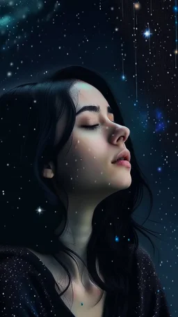 beautiful girl with black hair dreaming of a galaxy world with some dark rain and 2d angle