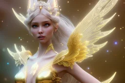  beautiful cosmic fairy, long hair, golden skin, nice smiling, transparent wings, magic glamour make up, delicate colors, beautiful glamour galactique dress, ultra sharp focus, 8k, unreal engine 5, extremely sharp detail, light effect, soft light atmosphere of a spaceship, smooth, full of details, face in front, complete vision of face and hair and body