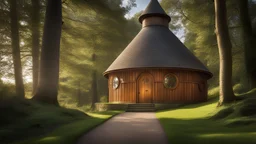 woodland path leads to large round cylindrical circular wooden church building, roof windows, conical roof, hobbit style, sunshine, peaceful, beautiful lighting, attractive composition, photorealistic, extremely detailed, chiaroscuro, rule of thirds, award-winning photograph