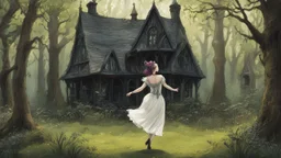 slim nymph dancing in a woodland clearing, with a gothic woodland house behind her.