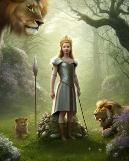 Young beautiful girl with floral crown standing next to a majestic, stunning lion on nature forest path, Chronicles of Narnia, 8k resolution, high-quality, fine-detail, iridescent, intricate, digital art, detailed matte, volumetric lighting, beautiful, illustration, 3D octane render, brian froud, howard lyon, selina french, anna dittmann, annie stokes, lisa parker, greg rutowski,