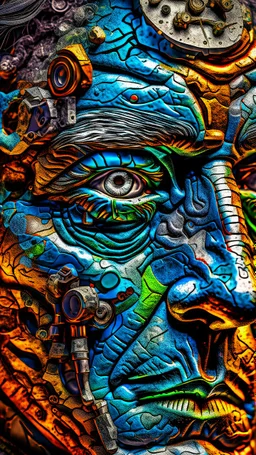 Bosch style painting , A balled face in details . The texture of the face is a collage of many 3D golden metallic clock gears and screws covering the whole face and the eyes are covered by caves figures