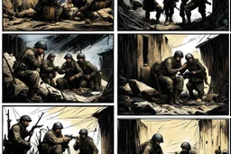 Masterpiece1:5)(Fineart), (award-winning:1.5), highest quality, war journalism editorial ,(by Tim Page, Hoorst Faas:1.5)),(Eastern Ukraine:(panel one:the moment after a battle ends, horrors of war, wounded men),(2nd panel, cinematic shot of men sitting in trench with 1000 yard stare (focus on their eyes:1.5)),(the third panel shows troops tired but hyper alert), (the fourth panel shows the sky is filled with incessant, fire and smoke everywhere,)