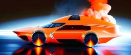 award winning car and driver photograph of a futuristic station wagon designed by only one vehicle per image painted metallic orange traveling at a high rate of speed, jet intake off of front center of vehicle and jet exhaust out the rear with bright blue flame, bilaterally symetrical, more a high speed road vehicle