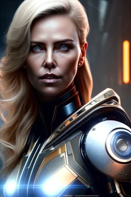 portrait full body, robot scifi with face charlize theron, intricate, many lights in body, eyes lights, highly detailed, highli quality, 8k