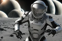 photo of a Sci-fi woman, wearing a silver and black spacesuit looking like an android with no helmet, on an alien planet