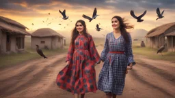 Hyper Realistic Young-Happy-Pashto Women wearing checkered-patterned dress in a village at cloudy sunset with birds flying with dramatic ambiance