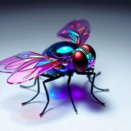 colorful giant blow fly that built with cosmic holographic glass, bright and fancy. palette: purple, pink, blue