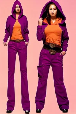 year 1999 women fashion low waist light trousers, t-shirt that has a new kind of hoodie with high tippet, which turns down along zipper! Colors: all denim colors, purple, khaki, lilac, plum, orange, terracotta, red, pink, dark blue, beige. Patterns: lynx, balls, stripes. lynx belt. starling or owl prints. Women models. Missy Elliot, Sandra Bullock, Milla Jovovich, Big tennis shoes on. Latex, denim and leather. Hat with a visor, integrated to AKG-style headphones.